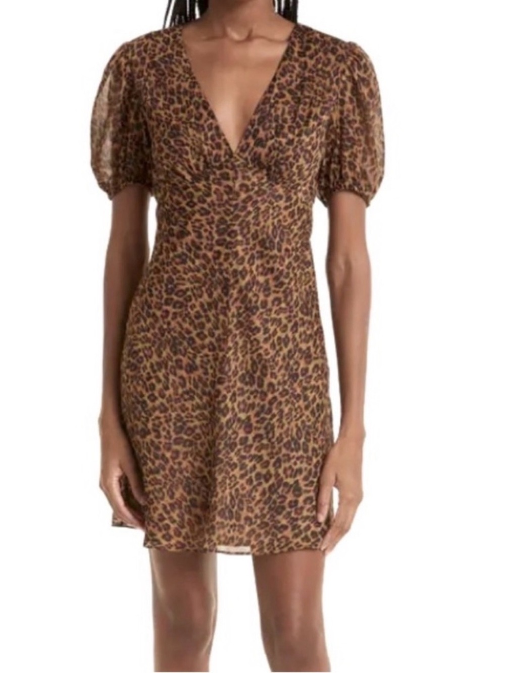 STAUD Milla Leopard Print V-Neck Puff Sleeve Mini Dress - Brown 4